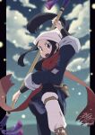  1girl akari_(pokemon) black_hair black_shirt blurry blurry_background clouds commentary_request eyelashes grey_eyes grey_skirt head_scarf holding jacket loose_socks marzo-moko open_mouth outdoors pantyhose pokemon pokemon_(game) pokemon_legends:_arceus ponytail red_scarf scarf shirt shoes sidelocks signature skirt sky socks solo teeth tongue upper_teeth_only white_headwear 