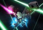 absurdres assault_visor beam_saber blurry chibi dated_commentary depth_of_field flying gundam gundam_unicorn highres holding holding_sword holding_weapon laser mecha missile_pod mobile_suit no_humans outstretched_arms radio_antenna robot science_fiction solo stark_jegan sword thrusters twisted_torso weapon zakuma 