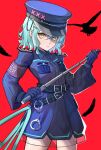 1girl aqua_hair armband baton_(weapon) belt belt_buckle black_belt blue_gloves blue_jacket blue_skirt buckle closed_mouth cowboy_shot cuffs gloves green_eyes hair_between_eyes hair_ornament hairclip handcuffs hat heterochromia highres holding holding_weapon humany jacket light_smile long_sleeves looking_at_viewer multiple_belts original police police_hat police_uniform policewoman red_background ringed_eyes short_hair skirt solo uniform weapon wide_sleeves yellow_eyes 