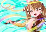  1girl aburaeoyaji animal_ears belt bow_(music) brown_eyes brown_hair cat_ears cat_girl extra_ears holding holding_instrument instrument kemono_friends kemono_friends_v_project large-spotted_genet_(kemono_friends) long_hair open_mouth ribbon shirt simple_background skirt solo twintails violin virtual_youtuber 