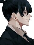  1boy bangs black_jacket black_necktie blue_eyes blue_hair bonjindaaa chainsaw_man collared_shirt earrings formal hayakawa_aki highres jacket jewelry looking_to_the_side necktie shirt short_hair simple_background smile stud_earrings suit suit_jacket topknot white_background white_shirt 