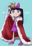  1girl black_hair blue_eyes bow cape commentary_request crown dress full_body hair_bow isabella_garcia-shapiro long_hair multicolored_eyes natchan_blue_(nanairopenki) official_style phineas_and_ferb purple_dress red_cape smile solo toon_(style) yellow_eyes 
