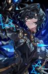  1boy absurdres ahoge ainchase_ishmael aqua_eyes aqua_hair bigott_(elsword) black_background black_hair black_shirt blue_background elsword highres long_sleeves male_focus multicolored_background multicolored_hair narugrm shirt short_hair smile solo teeth twitter_username 