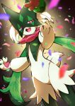  1other :d absurdres blurry claws commentary_request cowboy_shot falling_petals furry highres looking_down meowscarada open_mouth petals pink_eyes pokemon pokemon_(creature) pon_yui smile solo spotlight tongue 