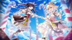  2girls black_hair blonde_hair blue_sky clouds commentary_request fork hat highres hitatsuphat holding_hands key lock lolita_fashion multiple_girls nijigen_project nika_lan_linh nika_linh_lan red_eyes sky smile spoon vietnamese_commentary 
