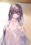  1girl bangs black_eyes black_hair blush breasts chestnut_mouth hair_between_eyes hair_ornament hair_over_shoulder hand_on_own_chest highres indoors long_hair looking_at_viewer miwabe_sakura novel_illustration official_art open_mouth purple_sweater saijo_no_osewa simple_background small_breasts sunlight sweater upper_body very_long_hair 