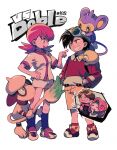  2boys 2girls aipom backwards_hat baseball_cap black_hair black_socks brown_hair buttons cut-in dj_mary_(pokemon) ethan_(pokemon) facial_hair fingernails full_body goggles goggles_on_head grin hand_on_hip hands_in_pockets hat highres jacket long_sleeves multiple_boys multiple_girls mustache ok_ko19 open_mouth pink_hair pointing pointing_at_another pokemon pokemon_(creature) pokemon_adventures radio_director_(pokemon) red_socks redhead rolled_up_paper shoes short_shorts short_sleeves shorts smeargle smile sneakers socks standing tail teeth translated twintails white_jacket white_shorts whitney_(pokemon) yellow_shorts 