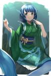  1girl absurdres blue_eyes blue_hair blush closed_mouth daweykun frilled_kimono frills green_kimono head_fins highres japanese_clothes kimono long_sleeves mermaid monster_girl obi purple_sash sash short_hair smile solo touhou twitter_username wakasagihime wide_sleeves 