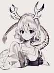  1341398tkrtr 1girl bangs bow closed_mouth collarbone cropped_torso dragon_girl dragon_horns dragon_tail frown greyscale hair_between_eyes highres horns kicchou_yachie monochrome short_hair simple_background sketch solo tail touhou 
