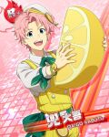  1boy ahoge blue_eyes card_(medium) character_name collared_shirt fingernails food fruit idolmaster idolmaster_side-m kabuto_daigo lemon looking_at_viewer male_focus official_art open_mouth pink_background pink_hair shirt solo teeth third-party_source upper_teeth_only watch 