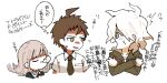  1girl 2boys a_10sun ahoge bangs blush breast_pocket brown_hair collared_shirt cropped_torso crossed_arms danganronpa_(series) danganronpa_2:_goodbye_despair eye_contact green_jacket green_necktie hinata_hajime hood hooded_jacket jacket komaeda_nagito long_sleeves looking_at_another medium_hair multiple_boys nanami_chiaki neck_ribbon necktie no_hair_ornament nose_bubble pink_ribbon pocket profile ribbon shirt short_sleeves sleeping sweatdrop thought_bubble translation_request white_hair 