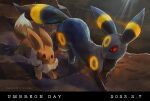 :3 brown_eyes character_name closed_mouth commentary_request dated eevee letterboxed momomo12 no_humans pokemon pokemon_(creature) red_eyes running smile standing umbreon 