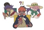  !? 3boys baseball_cap black_hoodie cape champion_uniform collared_shirt commentary_request dark-skinned_male dark_skin earrings faceless faceless_male facial_hair freckles fur-trimmed_cape fur_trim hand_up hat headband holding holding_phone hood hoodie jewelry leon_(pokemon) long_hair male_focus milo_(pokemon) multiple_boys open_mouth orange_headband phone pink_hair pokemon pokemon_(game) pokemon_swsh purple_hair raihan_(pokemon) red_cape rotom rotom_phone saku_anna shaded_face shirt short_hair short_sleeves sun_hat sweatdrop tongue white_background 