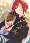  1boy animal_on_shoulder black_jacket branch cat cat_on_shoulder closed_mouth ensemble_stars! flower highres holding holding_branch jacket long_sleeves looking_at_viewer male_focus multicolored_hair redhead sakasaki_natsume short_hair smile solo take_no_ko white_hair yellow_eyes yellow_flower 