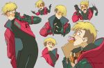  aka_gaallo bag blonde_hair cookie doughnut food green_eyes grey_background heart heart_hands highres male_focus mole mole_under_eye open_mouth paper_bag simple_background sunglasses teeth trigun trigun_stampede variations vash_the_stampede 