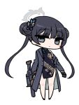  1girl black_dress black_gloves black_hair black_jacket blue_archive butterfly_hair_ornament chan_co chibi china_dress chinese_clothes cs/ls06 double_bun dragon_print dress gloves grey_eyes gun hair_bun hair_ornament halo highres holding holding_gun holding_weapon jacket kisaki_(blue_archive) long_hair off_shoulder pinstripe_jacket pinstripe_pattern print_dress solo striped submachine_gun twintails weapon 