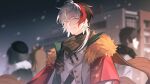  1boy 3others arknights black_hair blurry blurry_background brown_scarf building capelet chinese_commentary commentary_request elysium_(arknights) elysium_(snowy_echo)_(arknights) fengtu_ad fur-trimmed_capelet fur_trim highres jacket looking_at_viewer male_focus multicolored_hair multiple_others official_alternate_costume parted_lips red_capelet redhead scarf short_hair smile snowing solo_focus streaked_hair white_eyes white_hair white_jacket 