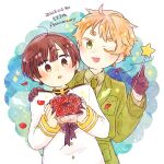  2boys axis_powers_hetalia black_hair blonde_hair bouquet flower highres japan_(hetalia) military military_uniform mofut_tofu multiple_boys one_eye_closed red_flower red_rose rose uniform united_kingdom_(hetalia) wand 