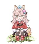  1girl :d animal animal_ear_fluff animal_ears animal_on_head bangs bird black_skirt black_socks blue_flower blush boots brown_eyes capelet chibi commentary_request fang flower full_body hair_between_eyes hair_flower hair_ornament hair_ribbon hood hood_down hooded_capelet kneehighs knees_up long_hair long_sleeves looking_at_viewer on_head original pink_flower pink_hair pleated_skirt red_capelet red_footwear red_ribbon ribbon shirt sitting skirt sleeves_past_wrists smile socks solo tail wataame27 white_background white_shirt wolf-chan_(wataame27) wolf_ears wolf_girl wolf_tail yellow_flower 