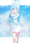  1girl :d anniversary arona_(blue_archive) bangs barefoot blue_archive blue_choker blue_eyes blue_hair blue_shirt blue_sky braid choker clouds cloudy_sky coco_(coco_rr) commentary_request envelope hair_over_shoulder hair_ribbon hairband halo highres long_sleeves looking_at_viewer manila_envelope object_hug pink_hair pleated_skirt puffy_long_sleeves puffy_sleeves ribbon sailor_collar shirt single_braid skirt sky sleeves_past_wrists smile solo walking white_hairband white_ribbon white_sailor_collar white_skirt 