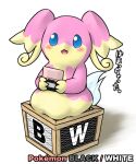  1girl animal_ears audino blue_eyes blush body_fur commentary_request copyright_name english_text flat_chest furry furry_female handheld_game_console hands_up holding holding_handheld_game_console in_container kame_(3t) looking_at_viewer nintendo_ds open_mouth pink_fur pokemon pokemon_(creature) pokemon_(game) pokemon_bw simple_background solo tail talking translation_request two-tone_fur white_background wooden_box yellow_fur 