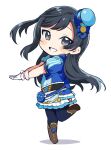  1girl bangs black_hair blue_headwear blush_stickers boots brown_footwear chibi commentary_request full_body gloves grey_eyes grin hat leg_up long_hair looking_at_viewer love_live! love_live!_nijigasaki_high_school_idol_club one_side_up pantyhose short_sleeves sidelocks smile solo totoki86 white_background white_gloves yuuki_setsuna_(love_live!) 