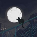  absurdres animal animal_focus black_cat cat chain-link_fence fence full_moon highres katakai moon night original outdoors power_lines sky star_(sky) urban 