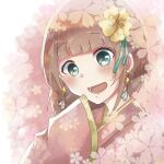  1girl aqua_eyes aqua_ribbon bangs blunt_bangs bob_cut cherry_blossoms commentary commission earrings floral_background floral_print flower gold_trim hair_flower hair_ornament hair_ribbon japanese_clothes jewelry kimono light_brown_hair looking_down lower_teeth_only open_mouth original pink_background pink_kimono rei-suzuran ribbon short_hair sleeves_past_fingers sleeves_past_wrists solo sparkling_eyes teeth upper_body white_background wide_sleeves yellow_flower 