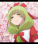  1girl bangs bow closed_mouth commentary_request floral_background frilled_ribbon frilled_shirt_collar frills front_ponytail green_eyes green_hair hair_bow hair_ribbon half-closed_eyes highres kagiyama_hina kei_jiei letterboxed long_hair looking_at_viewer looking_down pink_background red_ribbon red_shirt ribbon shirt smile solo touhou upper_body 