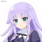  1girl aqua_eyes assault_lily bangs banshouya_ena black_ribbon blunt_bangs blunt_ends buttons closed_mouth commentary_request gradient_background grey_background hair_ribbon highres long_hair looking_at_viewer neck_ribbon piatin pink_ribbon portrait puffy_sleeves purple_hair ribbon school_uniform sidelocks smile solo tress_ribbon twitter_username white_background yurigaoka_girls_academy_school_uniform 