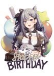  1girl absurdres balloon bangs bazo_(vestia_zeta) belt blue_eyes braid braided_bangs breasts cake cone_hair_bun double_bun dress erezu food grey_hair hair_bun hair_ribbon happy_birthday highres hololive hololive_indonesia long_hair medium_breasts open_mouth ribbon upper_body vestia_zeta virtual_youtuber white_background white_dress 