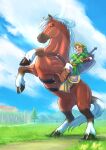  1boy absurdres belt blonde_hair blue_sky boots brown_footwear brown_gloves clouds epona fingerless_gloves gloves grass green_headwear hat highres horse horseback_riding link outdoors pants pointy_ears riding saddle shield sky sword takapon-o-ji the_legend_of_zelda the_legend_of_zelda:_ocarina_of_time tree twitter_username weapon white_pants 