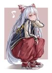 1girl bangs beamed_eighth_notes blush bow eighth_note fujiwara_no_mokou full_body gold_trim grey_hair hair_bow highres light_smile long_hair long_sleeves looking_at_viewer maboroshi_mochi musical_note no_socks pants red_eyes red_pants shoes simple_background sneakers solo spoken_musical_note squatting touhou very_long_hair 