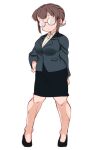  1girl brown_hair business_suit collared_shirt dress_shoes formal glasses hair_bun hair_up hand_on_hip hanzo_(2929) muscular muscular_female office_lady opaque_glasses original pencil_skirt round_eyewear shirt single_hair_bun skirt skirt_suit suit white_background white_shirt 