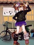  1girl ;d \n/ animal_ears arm_up bicycle black_shirt black_socks blurry blurry_background brown_footwear brown_hair commentary_request depth_of_field fang fox_mask green_eyes ground_vehicle highres horse_ears horse_girl horse_tail inari_one_(umamusume) layered_sleeves long_sleeves loose_socks mask mask_on_head one_eye_closed outline pleated_skirt purple_skirt ribbon-trimmed_legwear ribbon_trim saba_no_hige shirt short_over_long_sleeves short_sleeves skirt smile socks solo standing standing_on_one_leg tail twintails umamusume white_outline white_socks window zouri 