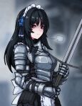 1girl apron armor black_eyes black_hair breastplate breath formicid gauntlets hair_ribbon holding holding_sword holding_weapon long_hair looking_to_the_side maid maid_apron maid_headdress original plate_armor ribbon simple_background solo sword two-handed_sword weapon 