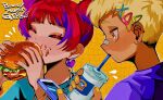  2girls bandaid bandaid_on_face bandaid_on_nose bangs barbell_piercing blonde_hair blue_hair bracelet braid burger cellphone commentary_request cup disposable_cup drinking drinking_straw ear_piercing earrings food food_on_face hair_ornament hairclip highres holding holding_phone jewelry multicolored_hair multiple_girls natchan_blue_(nanairopenki) original phone piercing red_nails redhead short_hair smartphone streaked_hair twin_braids two-tone_hair x_hair_ornament yellow_eyes yellow_nails 