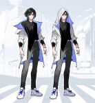  1boy belt black_hair black_pants black_shirt blue_eyes bracelet closed_mouth copyright_request earrings full_body grey_belt highres hood hoodie jewelry kanishiima long_sleeves looking_at_viewer male_focus multicolored_clothes nail_polish necklace official_art original pants reference_sheet ring second-party_source shirt shoes sleeves_rolled_up sneakers utaite_(singer) white_footwear white_hoodie 