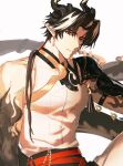  1boy a--jang absurdres arknights bangs black_hair chong_yue_(arknights) dragon_boy dragon_horns highres horns long_hair male_focus multicolored_hair pectorals pointy_ears ponytail single_bare_shoulder smile solo streaked_hair toned toned_male upper_body 