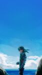  1boy absurdres blue_eyes blue_hair blue_sky boku_no_hero_academia clenched_hand clouds freckles from_side gloves highres horizon male_focus midoriya_izuku natchan_blue_(nanairopenki) ocean sky smile solo 
