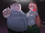  1boy 1girl absurdres ai-generated_art_(topic) belt bow brown_eyes brown_hair brown_headwear collared_shirt double_chin dual_persona english_commentary family_guy fat fat_man glasses green_eyes green_pants green_skirt hair_bow highres kowai_(iamkowai) long_hair looking_at_viewer one_eye_closed pants peter_griffin pink_hair pleated_skirt pointing pointing_at_viewer shirt skirt smile standing sweater white_bow white_shirt white_sweater 