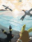  alolan_raichu bottle clouds commentary_request dated highres mokuzou_(moku_ssbu) mouth_hold no_humans outdoors pokemon pokemon_(creature) shore sky sparkle twitter_username umbreon water wingull 