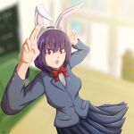  1girl absurdres animal_ears arms_up bangs blazer blurry blurry_background bow bowtie bunny_pose from_above hair_between_eyes highres ijiranaide_nagatoro-san indoors jacket pleated_skirt purple_hair rabbit_ears red_bow red_bowtie school_uniform self-upload shirt short_hair skirt solo standing sunomiya_hana teeth upper_teeth_only vadamecox white_shirt 