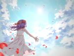  1girl bare_shoulders blue_sky dress facing_away flower haika_nagi head_wreath highres jellymog lens_flare long_hair motion_blur outstretched_arms petals purple_hair red_flower red_rose rose rose_petals sky solo spaghetti_strap sun utau white_dress 