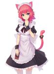  1girl animal_ear_fluff animal_ears apron bangs bell black_bow black_bowtie black_dress bow bowtie breasts cat_ears cat_tail character_request copyright_request cowboy_shot dethmaid dress hair_bell hair_ornament hand_up highres holding large_breasts maid maid_headdress medium_hair pink_hair solo tail thigh-highs white_apron white_thighhighs zettai_ryouiki 
