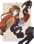  1girl aciddrop_(arknights) ahoge arknights belt black_gloves black_shirt black_shorts black_thighhighs blue_eyes brown_hair brown_jacket crossbow eyewear_on_head gloves highres jacket minowa_sukyaru shirt shorts skateboard sunglasses thigh-highs thigh_pouch 