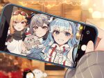  3girls bandana bandana_around_neck bangs black_bandana blonde_hair blue_eyes blue_hair blurry blurry_background cellphone christmas_tree commentary cone_hair_bun english_commentary eyewear_on_head goggles goggles_on_head grey_hair grin hair_bun highres holding holding_phone holoh3roes hololive hololive_indonesia hood hooded_jacket indoors jacket kaela_kovalskia kobo_kanaeru long_hair long_sleeves mitsumine_(ookami_no_oyashiro) multicolored_hair multiple_girls open_mouth phone pov red_eyes red_goggles selfie smartphone smile stuffed_animal stuffed_toy two-tone_dress two-tone_gloves two-tone_hair vestia_zeta violet_eyes virtual_youtuber white_hair 