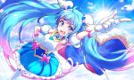 1girl ahoge blue_eyes blue_hair blue_skirt bow brooch cape commentary_request cure_sky detached_sleeves earrings fingerless_gloves gloves gradient_hair hand_on_hip highres hirogaru_sky!_precure jewelry kyoutsuugengo magical_girl multicolored_hair open_mouth pink_bow pink_hair precure puffy_detached_sleeves puffy_sleeves single_earring single_sidelock skirt smile solo sora_harewataru thigh-highs twintails two-sided_cape two-sided_fabric white_gloves white_thighhighs wing_brooch wing_hair_ornament