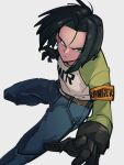  1boy android_17 armband black_gloves black_hair blue_eyes blue_pants closed_mouth commentary_request denim dragon_ball dragon_ball_super gloves green_shirt grey_background jeans kemachiku long_sleeves male_focus pants shirt short_hair simple_background two-tone_shirt white_shirt 