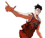  absurdres basketball_jersey basketball_uniform black_eyes black_hair commentary_request galrcal highres korean_commentary miyagi_ryouta open_mouth pointing pompadour red_shirt red_shorts shirt short_hair shorts simple_background slam_dunk_(series) sleeveless sleeveless_shirt smile sportswear undercut white_background 